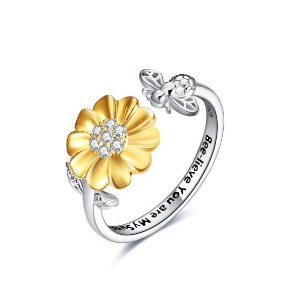 Sterling Silver Sunflower Bee Rings-0