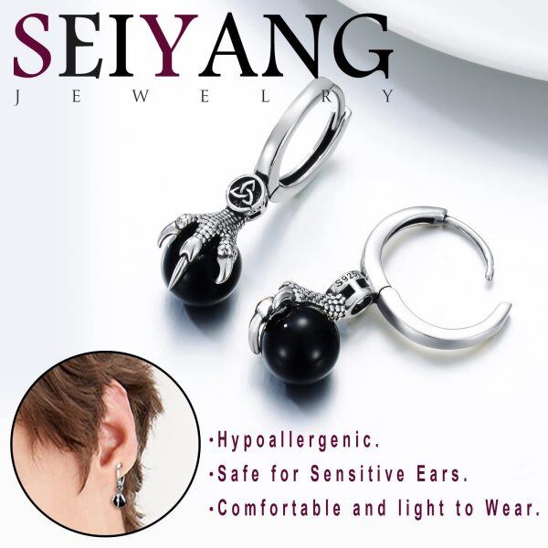 Sterling Silver Dragon Claw Jeweley Black Onyx Earrings-3