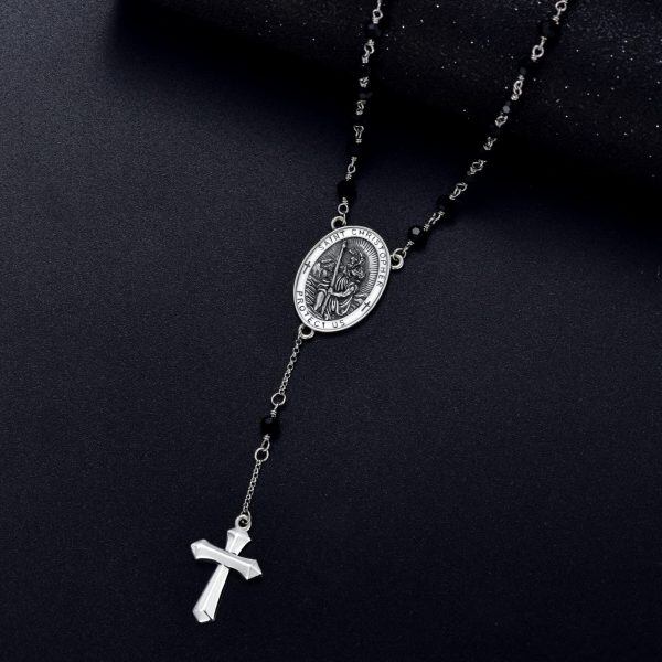 Sterling Silver Men's Rosary Pendant Necklace-3