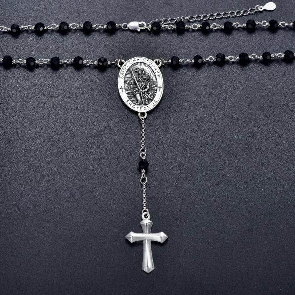 Sterling Silver Men's Rosary Pendant Necklace-4