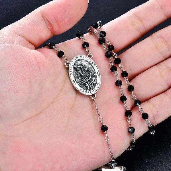 Sterling Silver Men's Rosary Pendant Necklace-5