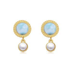 Sterling Silver Blue Larimar Earrings Pearl Stud Earrings-0