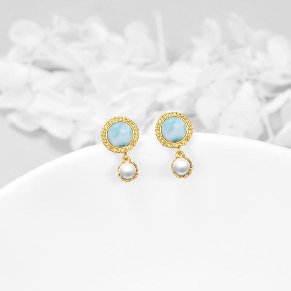 Sterling Silver Blue Larimar Earrings Pearl Stud Earrings-2