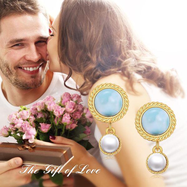 Sterling Silver Blue Larimar Earrings Pearl Stud Earrings-4