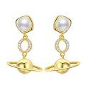 wholesale 925 Sterling Silver Gold-Plated Saturn Planet Dangle Earrings with Pearls and Cubic Zirconia for Women-0-0