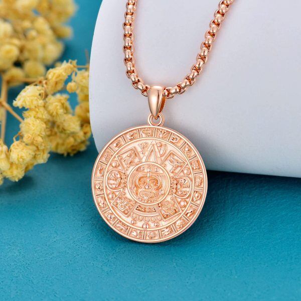 Sterling Silver Round Aztec Mayan Calendar Pendant Necklace-3