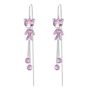 Sterling Silver Cute Pink Bear Long Threader Earrings-0