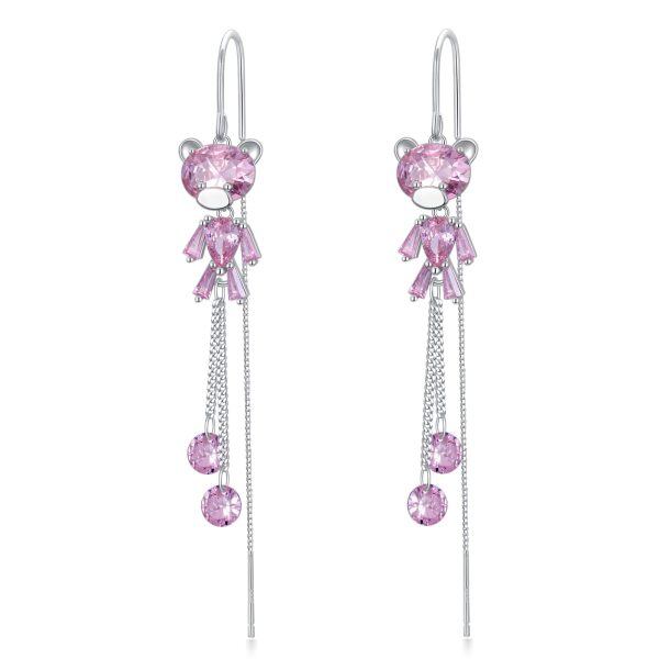 Sterling Silver Cute Pink Bear Long Threader Earrings-0