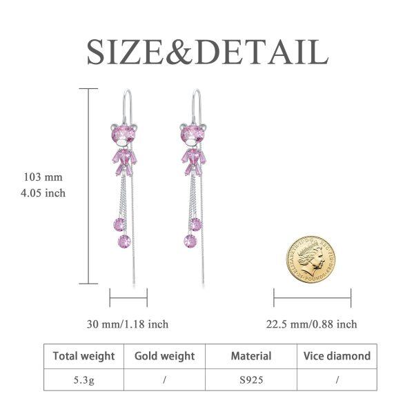 Sterling Silver Cute Pink Bear Long Threader Earrings-1