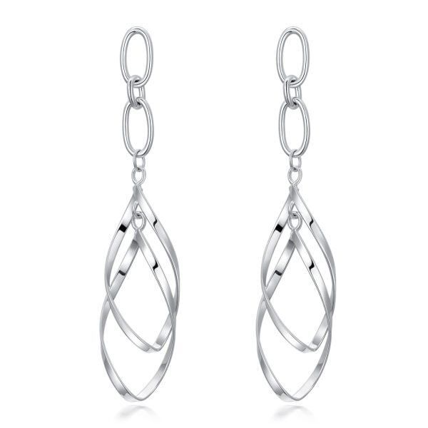 Sterling Silver Double Elongated-Oval Twist French Wire Drop Dangle Earrings -0