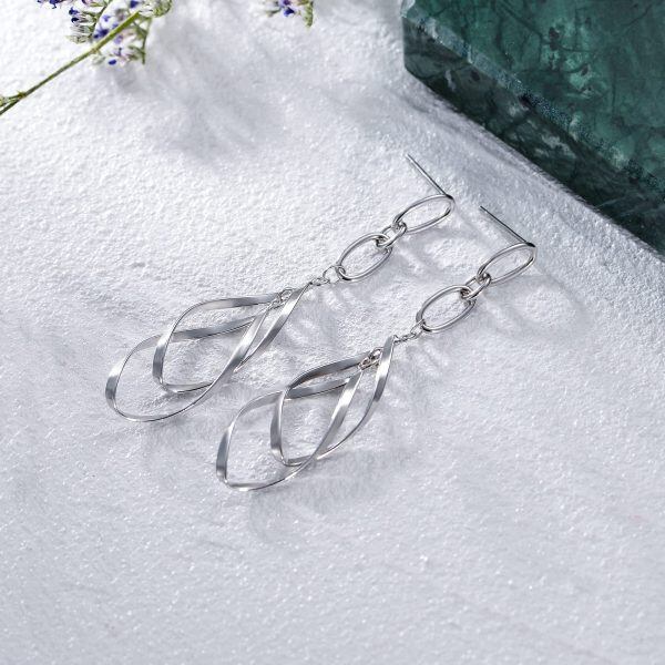 Sterling Silver Double Elongated-Oval Twist French Wire Drop Dangle Earrings -2