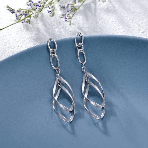 Sterling Silver Double Elongated-Oval Twist French Wire Drop Dangle Earrings -5