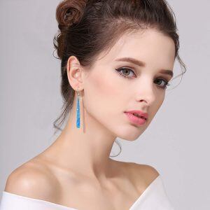 Sterling Silver Blue Opal Dangle Long Bar Earrings -0