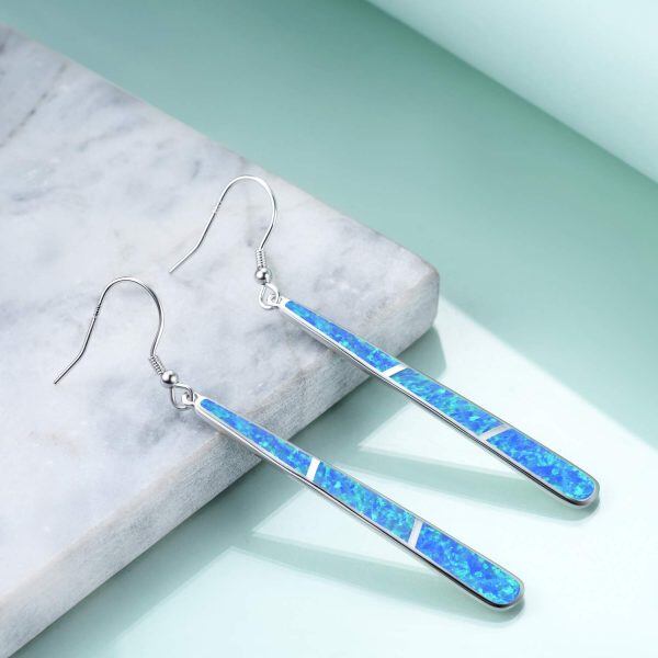 Sterling Silver Blue Opal Dangle Long Bar Earrings -2