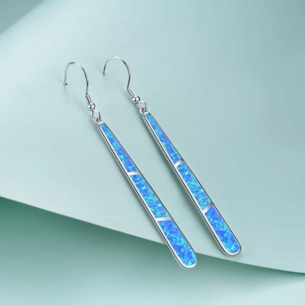 Sterling Silver Blue Opal Dangle Long Bar Earrings -3