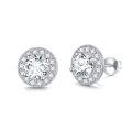 wholesale White Gold Plated 925 Sterling Silver Halo Round Cut Moissanite Stud Earrings (6x5 mm)-0-0