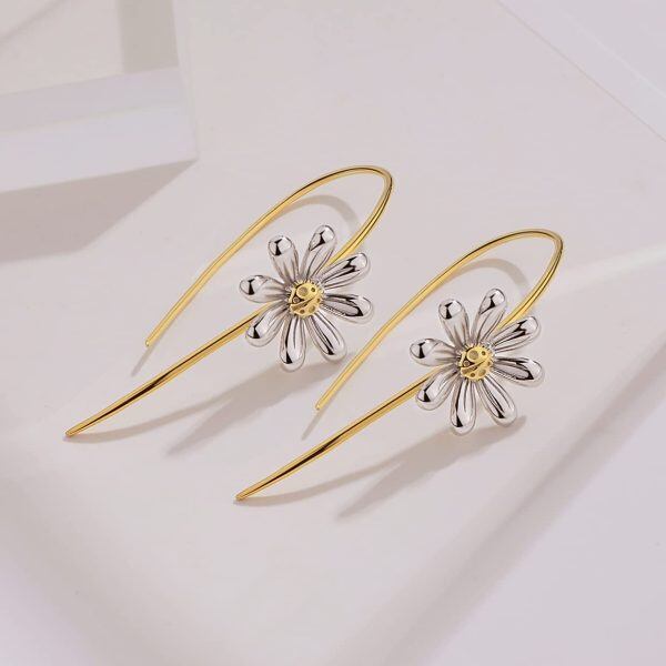 Sterling Silver Daisy Flower Dangle Drop Earrings -2