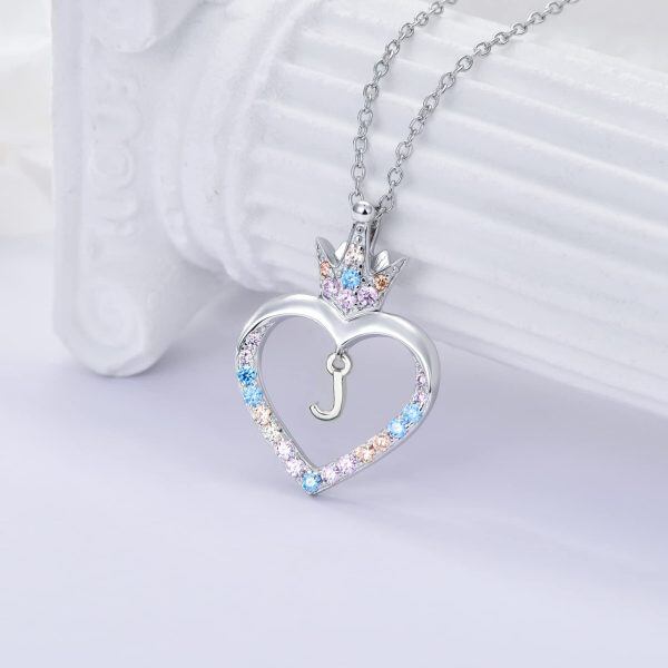 Sterling Silver Heart Crown Initial Letter Pendant Necklace-3