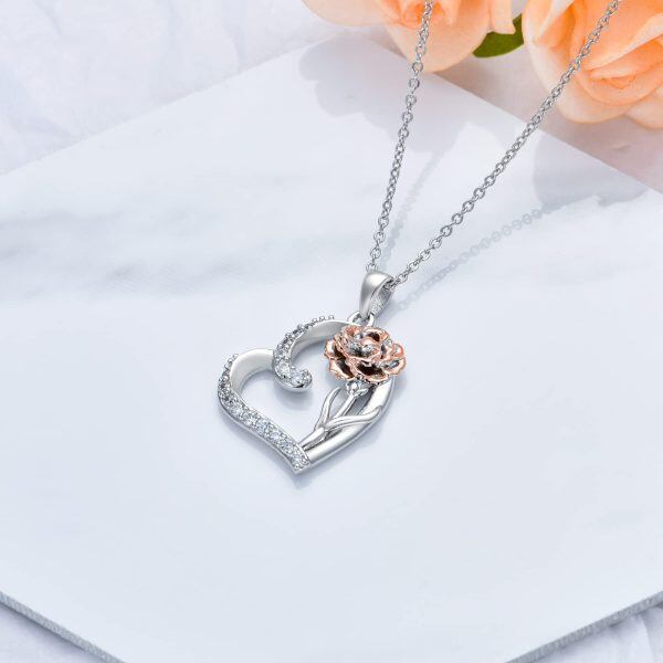 Sterling Silver Heart Flower Necklace-3