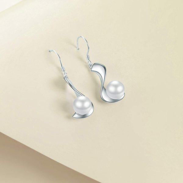 Sterling Silver Pearl Dangle Drop Earrings -2