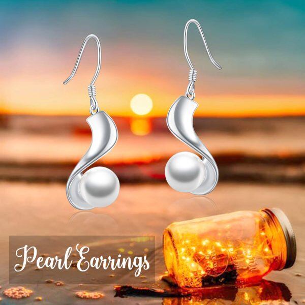 Sterling Silver Pearl Dangle Drop Earrings -4