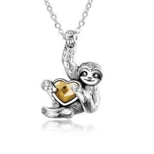 Sterling Silver Heart Crystal Sloth Necklace -0