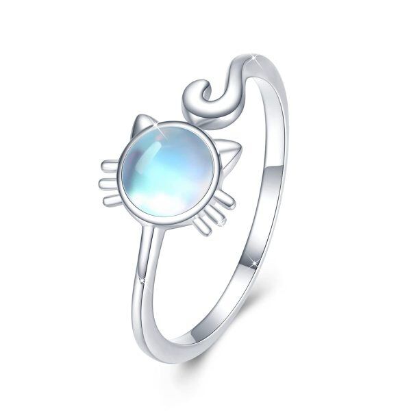 925 Sterling Silver Moonstone Cat Ring-0