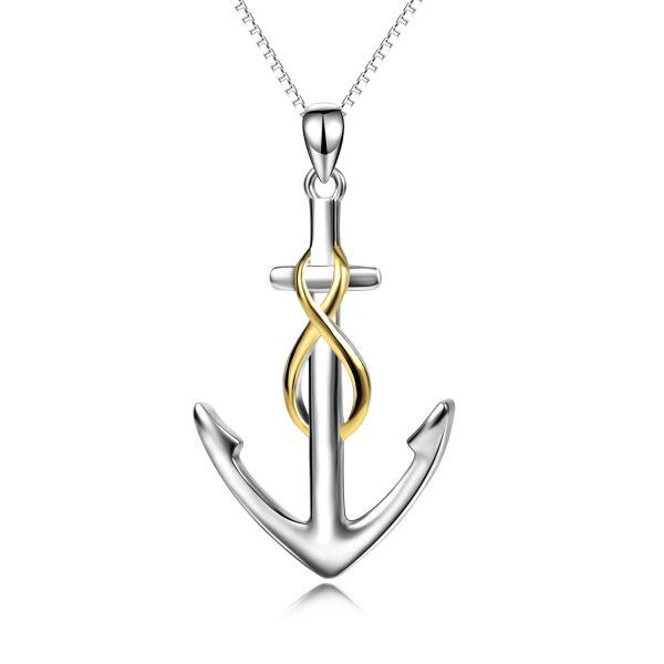 Sterling Silver Two tone Ship Anchor Pendant Necklace-0