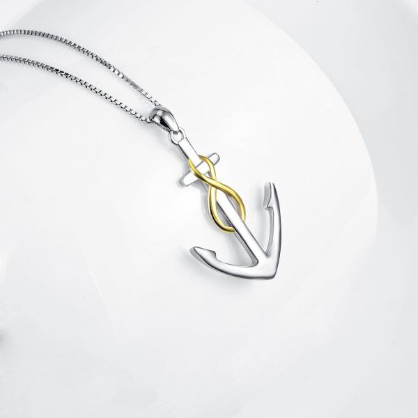 Sterling Silver Two tone Ship Anchor Pendant Necklace-3