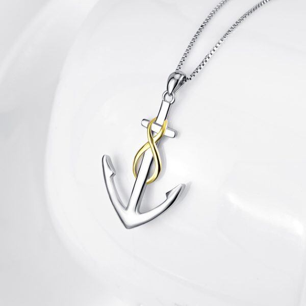 Sterling Silver Two tone Ship Anchor Pendant Necklace-4