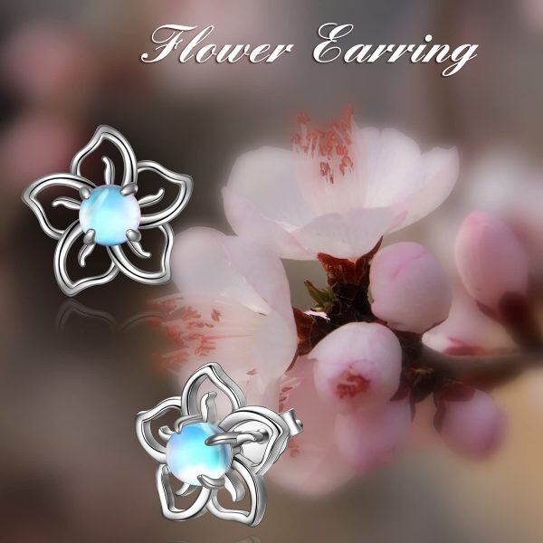 Sterling Silver Flower Moonstone Stud Earrings-4