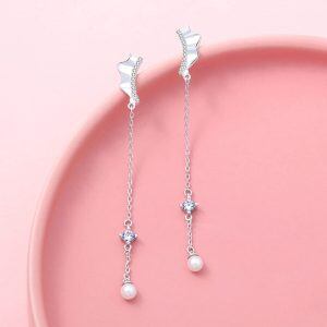 Sterling Silver Gold Plated Long Pearl Chain Earrings -0