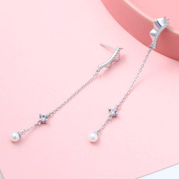 Sterling Silver Gold Plated Long Pearl Chain Earrings -1