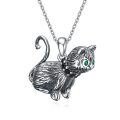 wholesale 925 Sterling Silver Cat Pendant Necklace with Green Eyes and Black Stones for Women-0-0