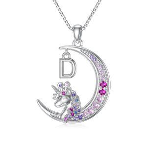 Sterling Silver Pink Unicorn with A Initial Letter Necklace -0