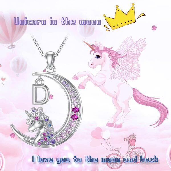 Sterling Silver Pink Unicorn with A Initial Letter Necklace -1