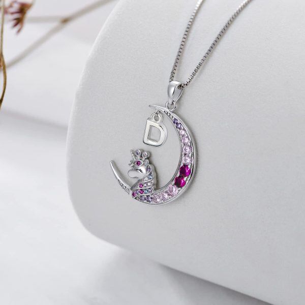 Sterling Silver Pink Unicorn with A Initial Letter Necklace -3