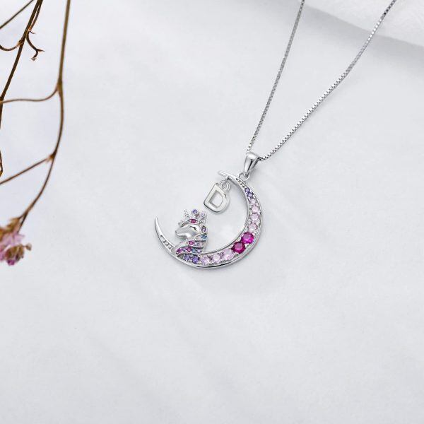 Sterling Silver Pink Unicorn with A Initial Letter Necklace -4