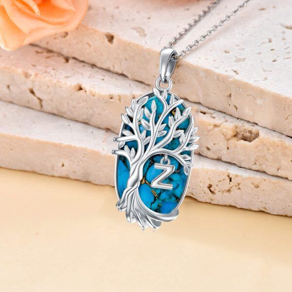 Sterling Silver Tree of Life Initial Name A to Z Letter Necklaces-3