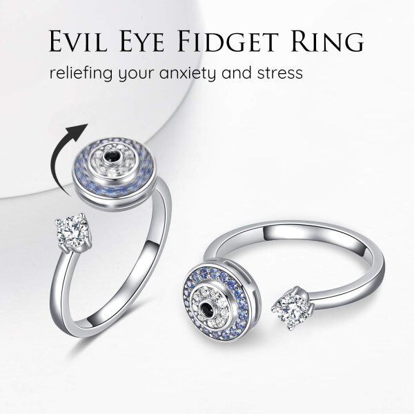 Sterling Silver Evil Eye Anti-Anxiety Spinning Adjustable Open Ring -1