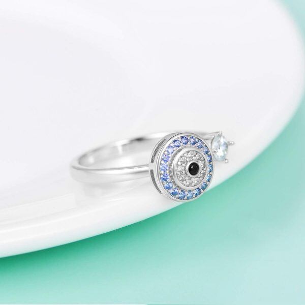 Sterling Silver Evil Eye Anti-Anxiety Spinning Adjustable Open Ring -6