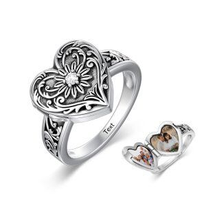 Sterling Silver Heart Sunflower Locket Ring-0