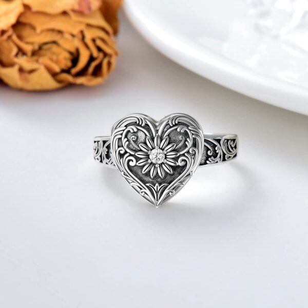 Sterling Silver Heart Sunflower Locket Ring-1