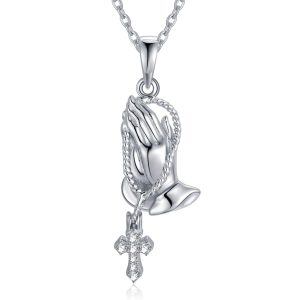 Sterling Silver Praying Hands with Cross Pendant Necklace-0