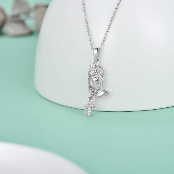 Sterling Silver Praying Hands with Cross Pendant Necklace-4