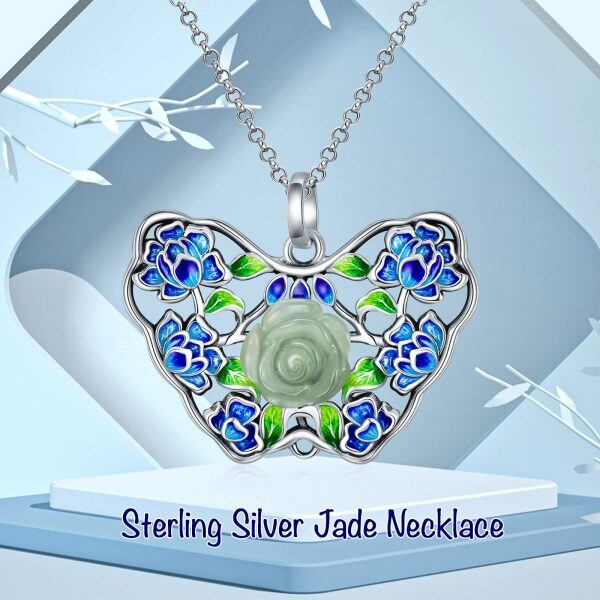 Sterling Silver Butterfly Jade Pendant Necklace-6