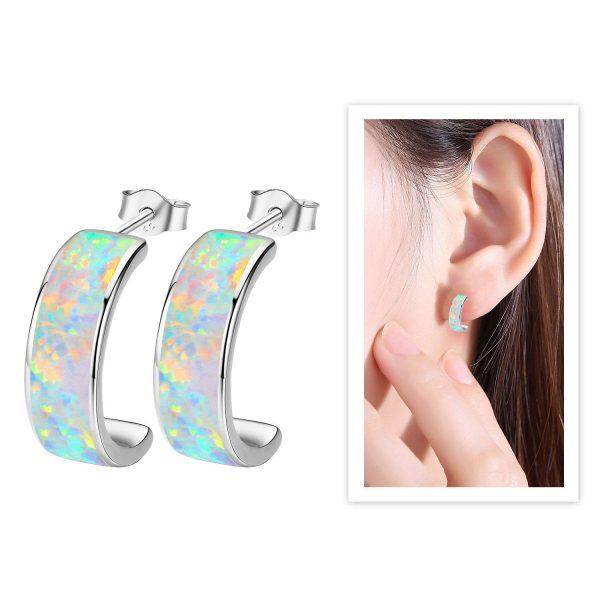 Sterling Silver Synthetic Opal Hoops Earrings-3