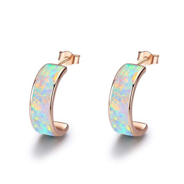 Sterling Silver Synthetic Opal Hoops Earrings-5