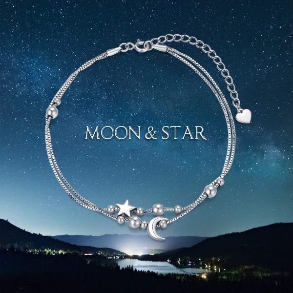 Sterling Silver Moon Star Layered Bracelet-4