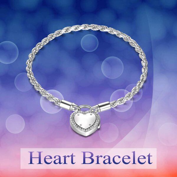 Sterling Silver Lock of Love Heart Clasp Charms Bracelet -5